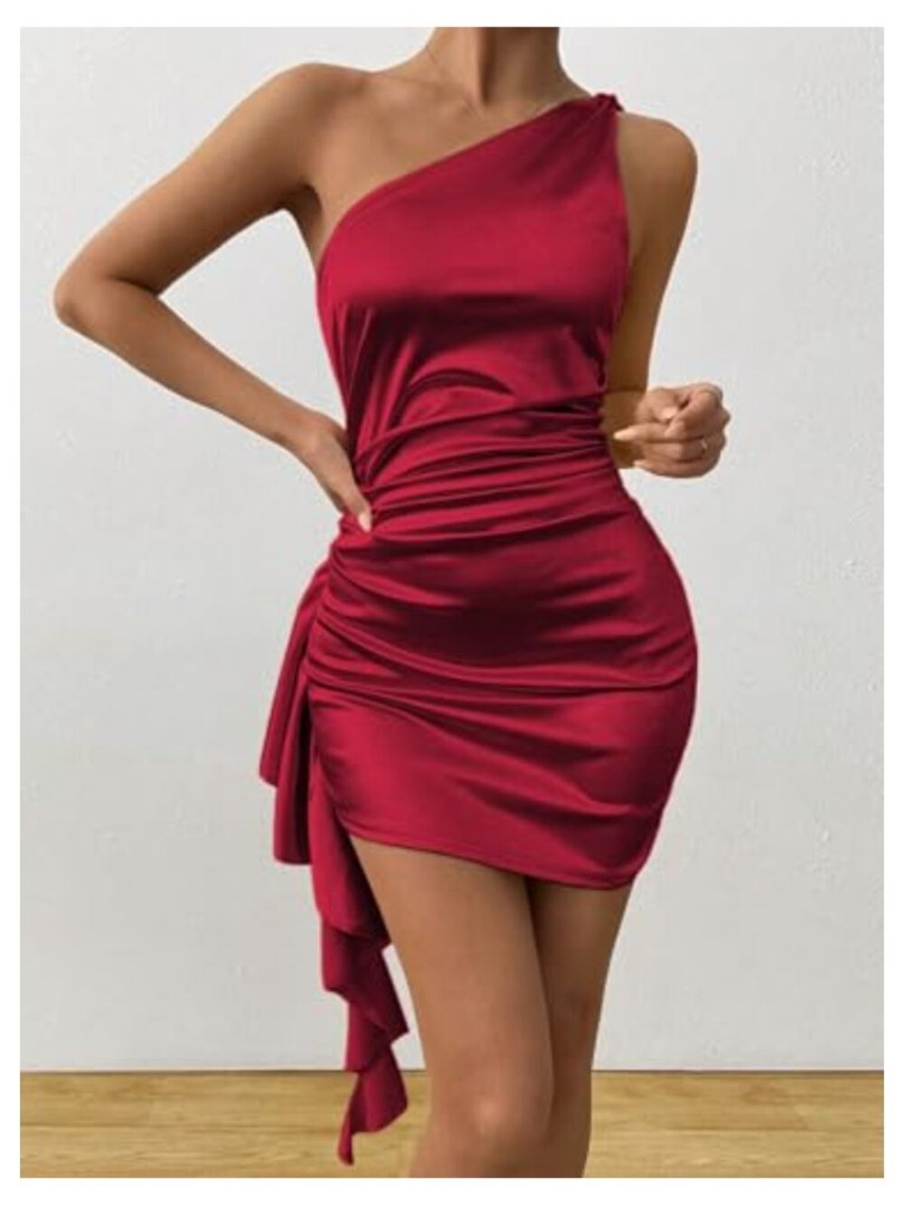 One Shoulder Ruffle Mini Dress Ruched Bodycon Party Club Cocktail - Picture 6 of 6